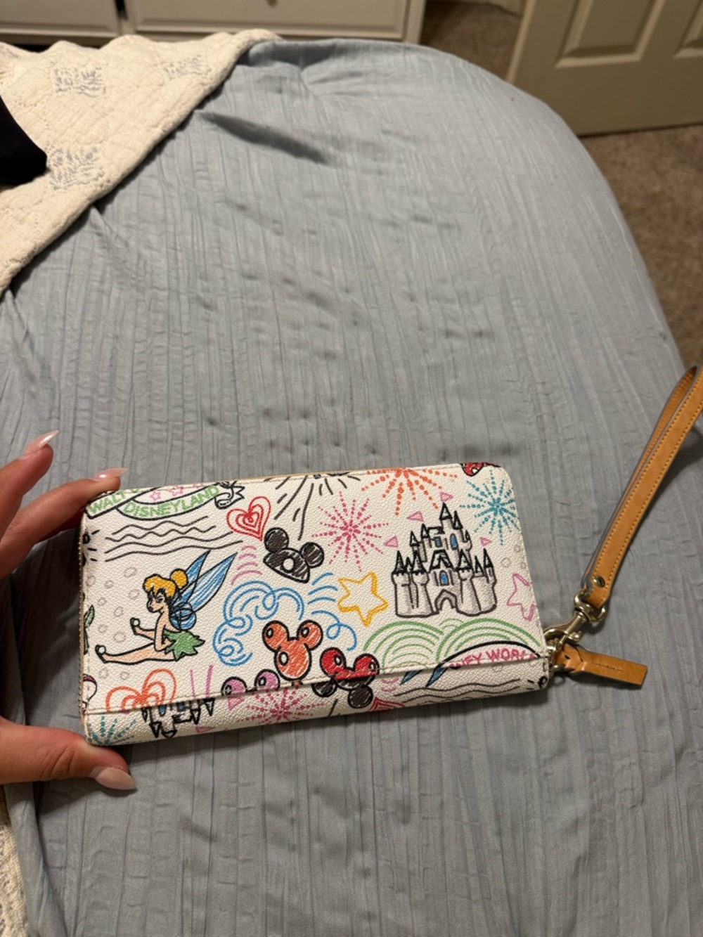 Dooney & Bourke Cream Disney Print Wristlet with Tan Strap - Picture 3 of 7